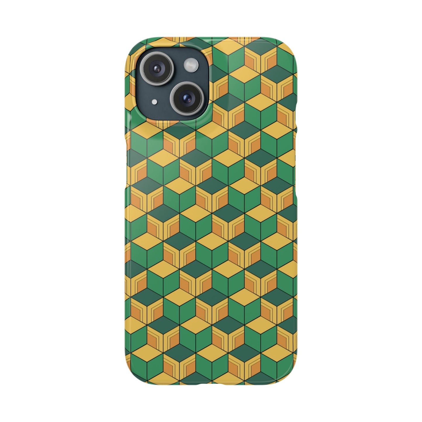 Sabito's Haori Pattern Anime iPhone Case - Geometric Green and Yellow Design