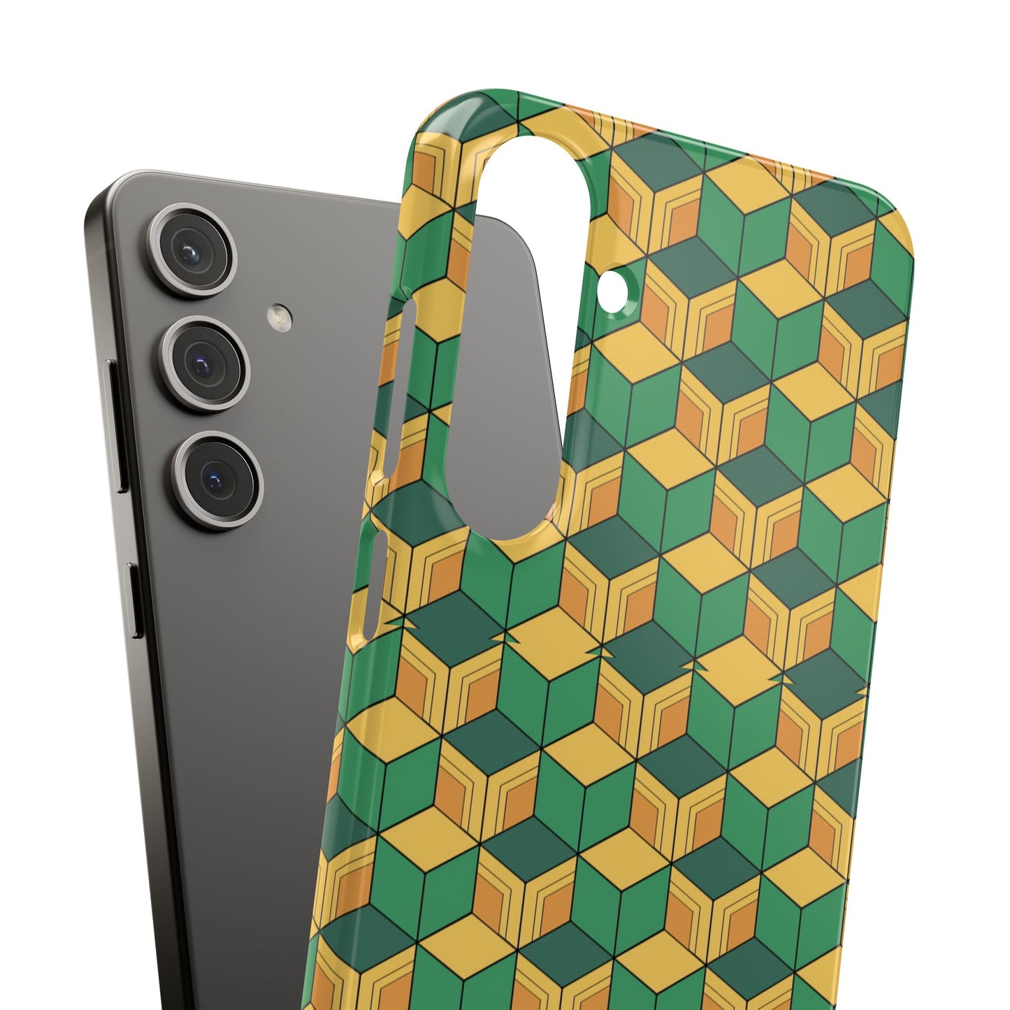 Sabito's Haori Pattern Anime iPhone Case - Geometric Green and Yellow Design