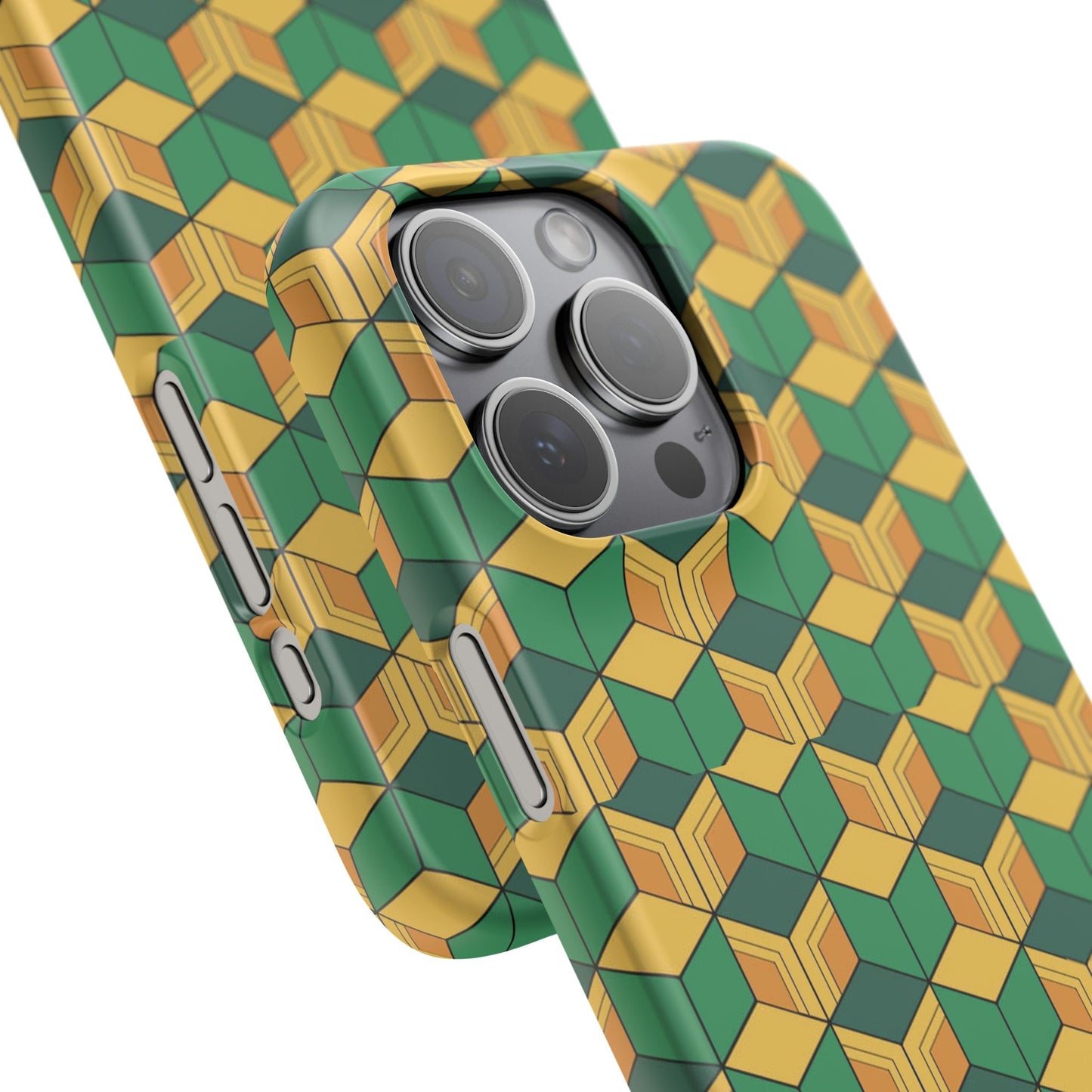 Sabito's Haori Pattern Anime iPhone Case - Geometric Green and Yellow Design