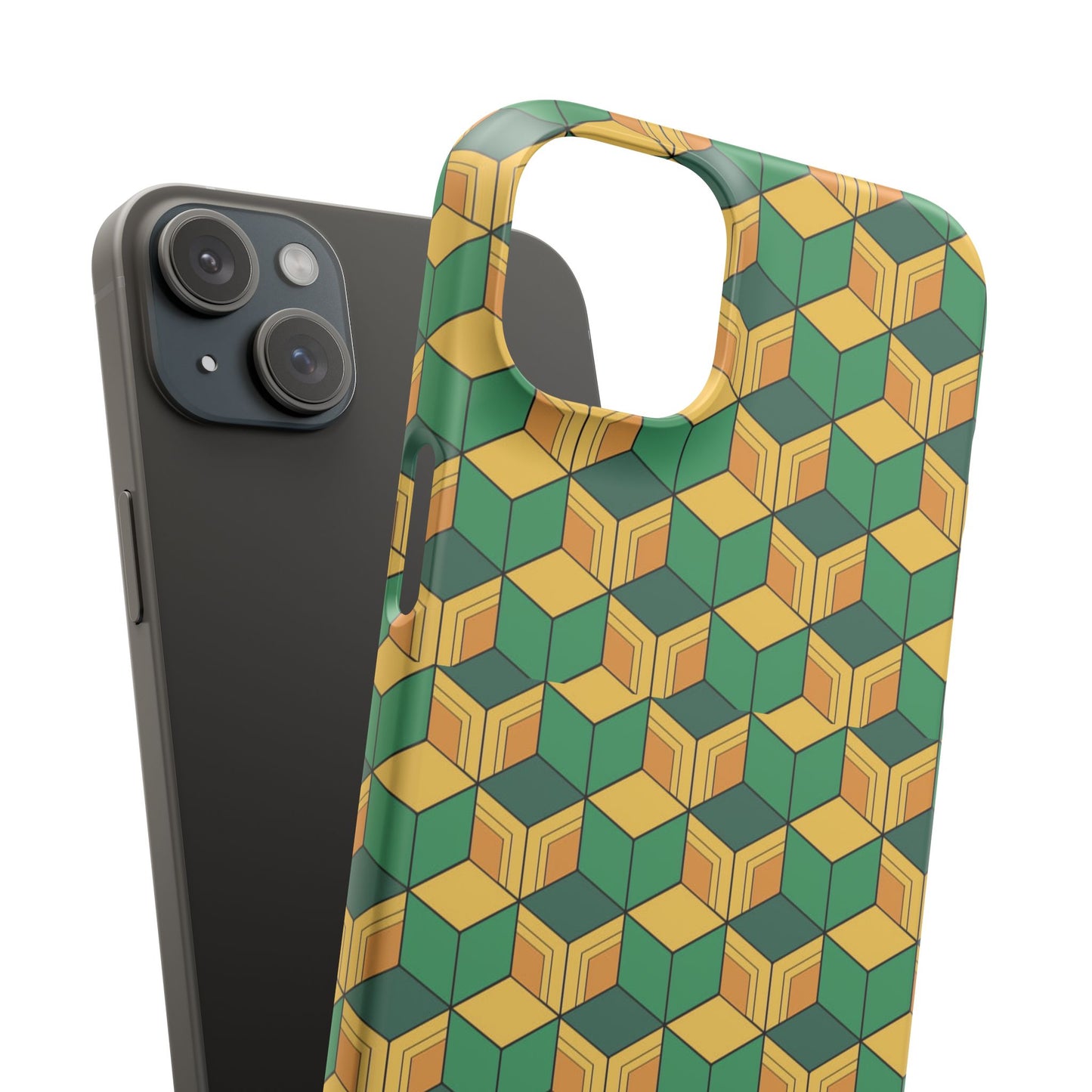 Sabito's Haori Pattern Anime iPhone Case - Geometric Green and Yellow Design