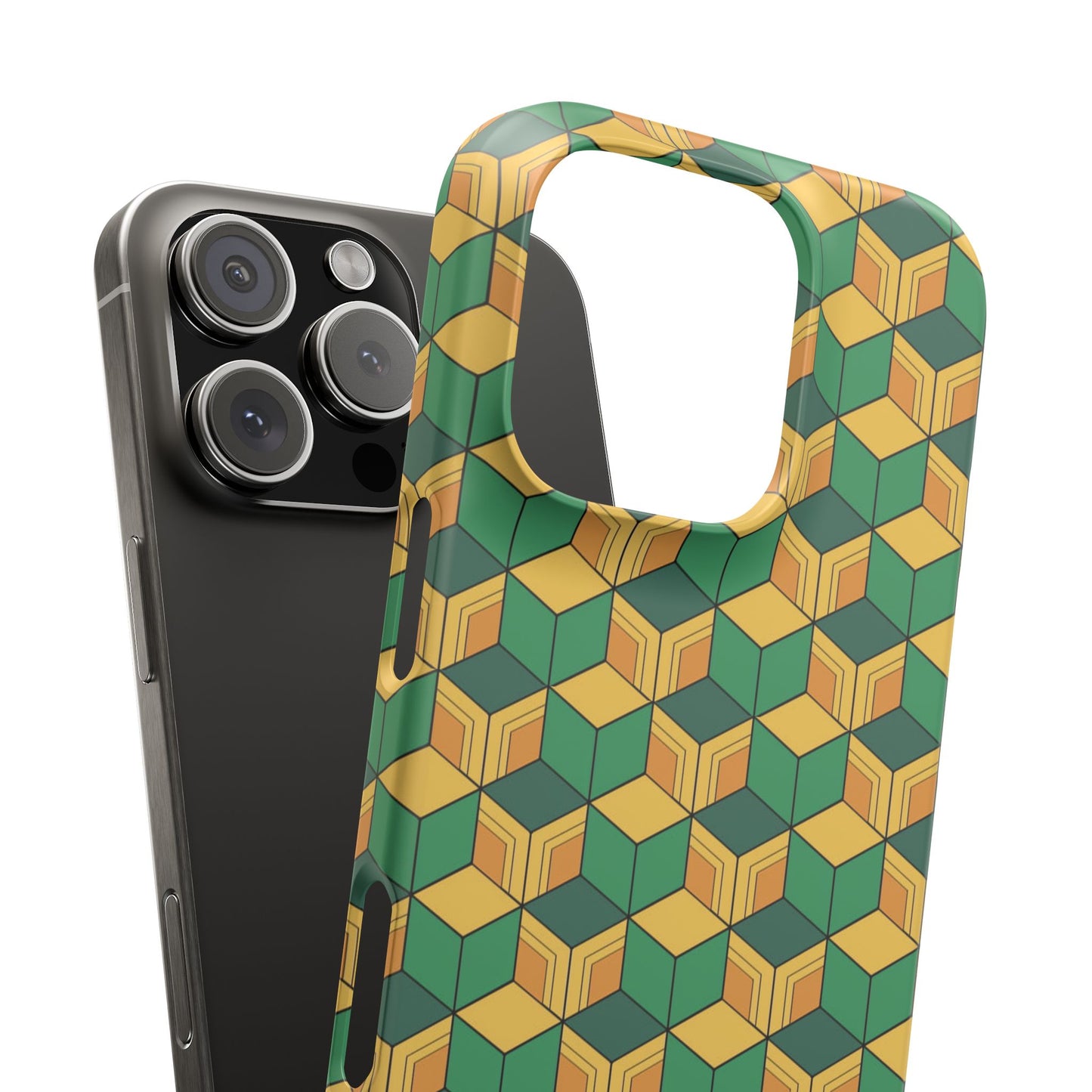 Sabito's Haori Pattern Anime iPhone Case - Geometric Green and Yellow Design
