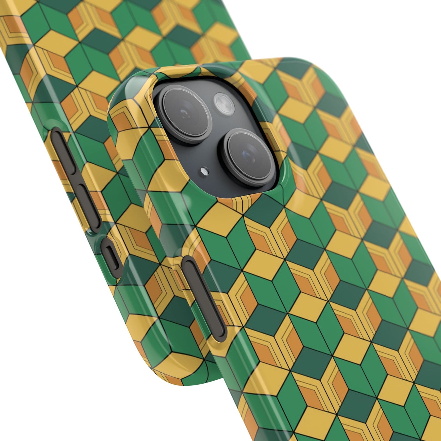 Sabito's Haori Pattern Anime iPhone Case - Geometric Green and Yellow Design