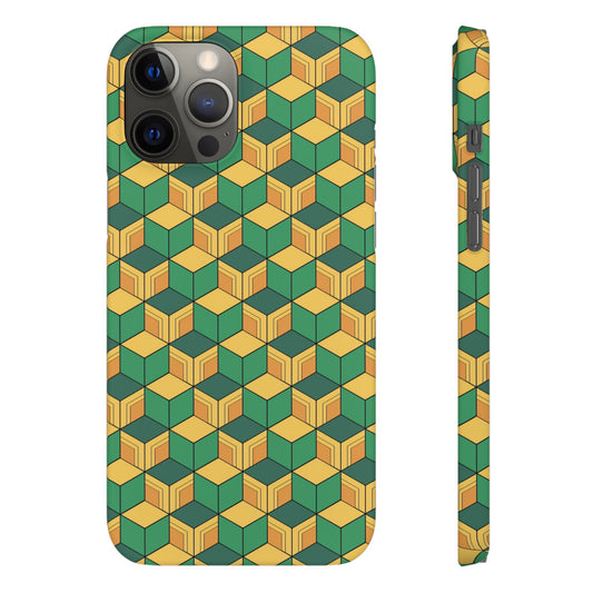 Sabito's Haori Pattern Anime iPhone Case - Geometric Green and Yellow Design
