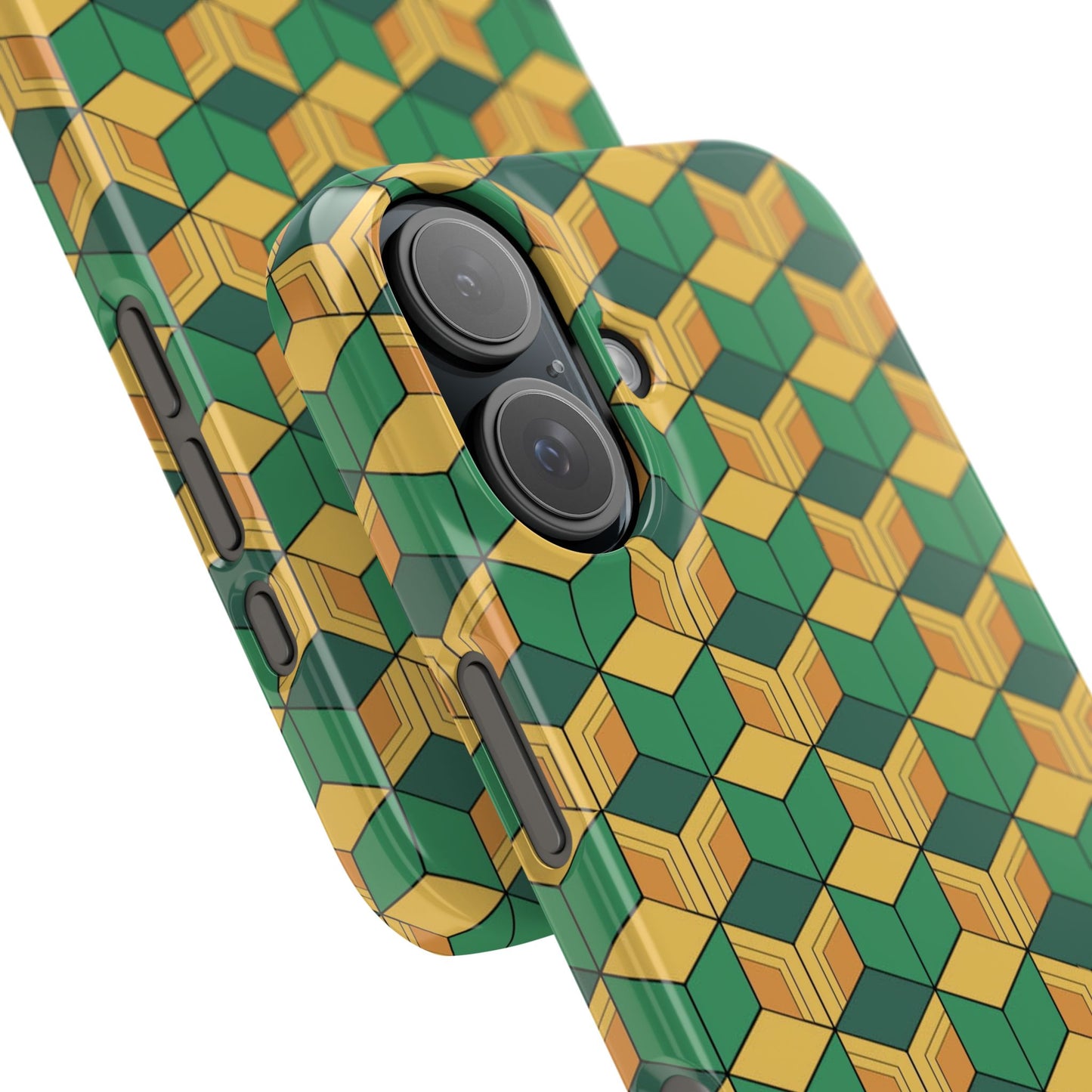 Sabito's Haori Pattern Anime iPhone Case - Geometric Green and Yellow Design