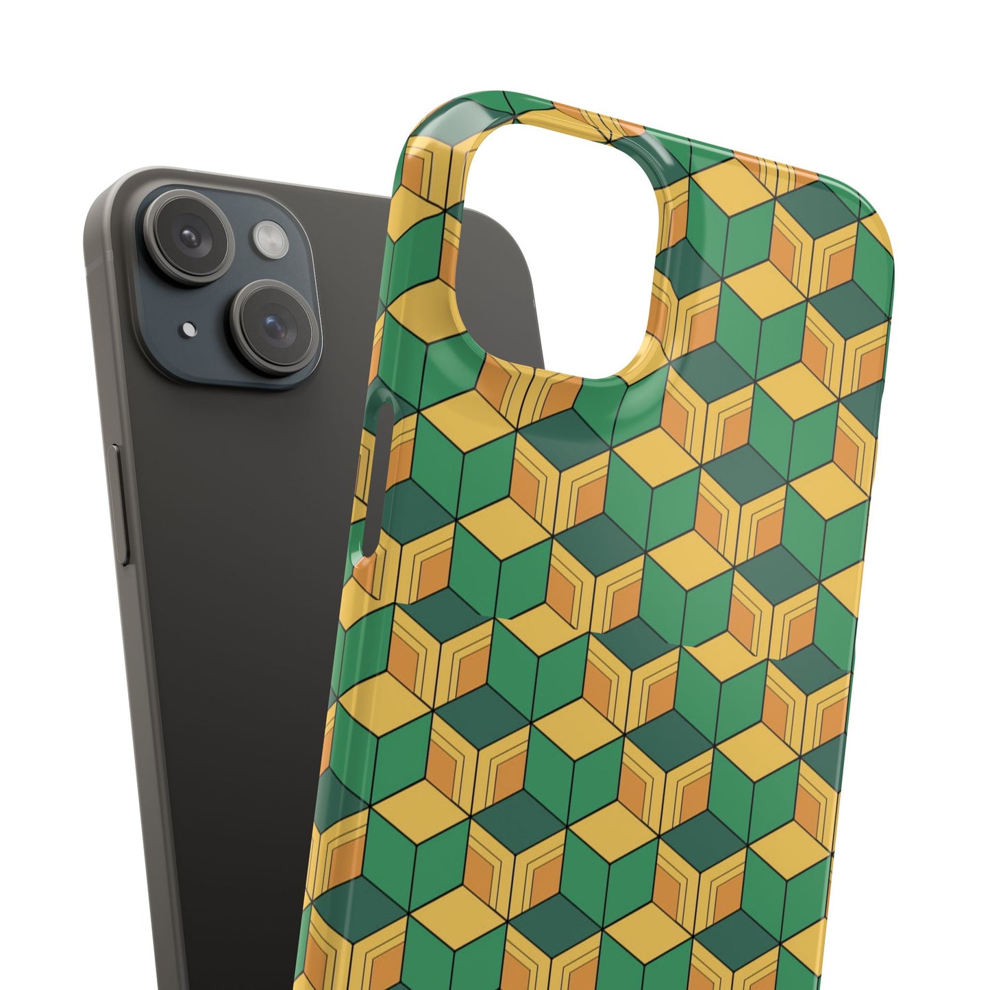 Sabito's Haori Pattern Anime iPhone Case - Geometric Green and Yellow Design