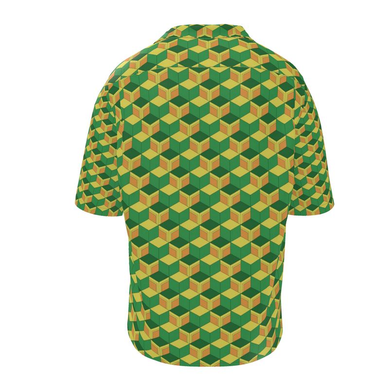 Short‑Sleeve Shirt – Green & Yellow 3D Cube Geo