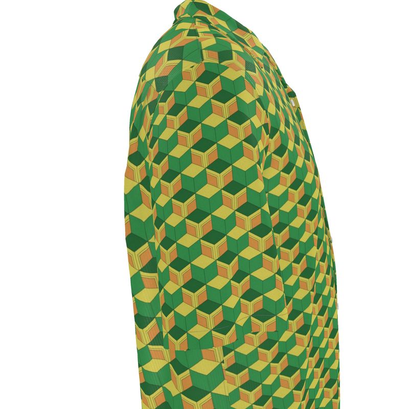 Short‑Sleeve Shirt – Green & Yellow 3D Cube Geo