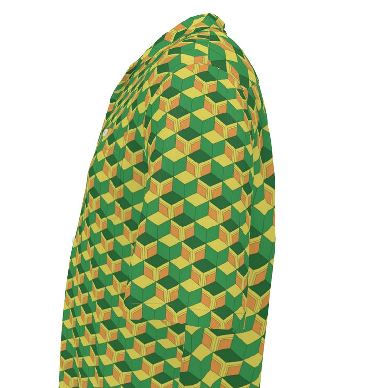Short‑Sleeve Shirt – Green & Yellow 3D Cube Geo