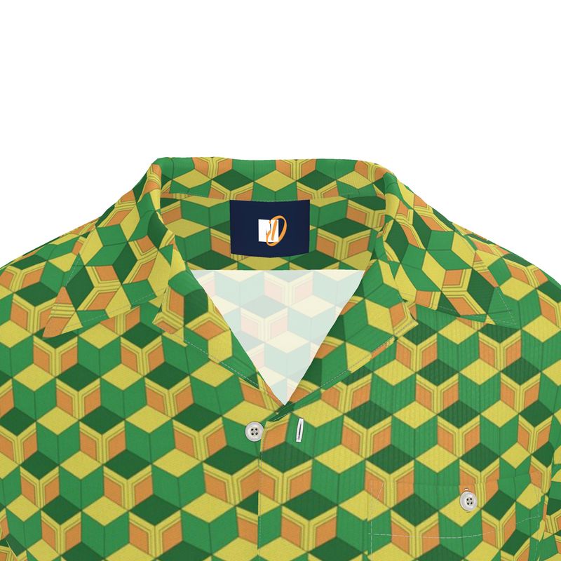 Short‑Sleeve Shirt – Green & Yellow 3D Cube Geo