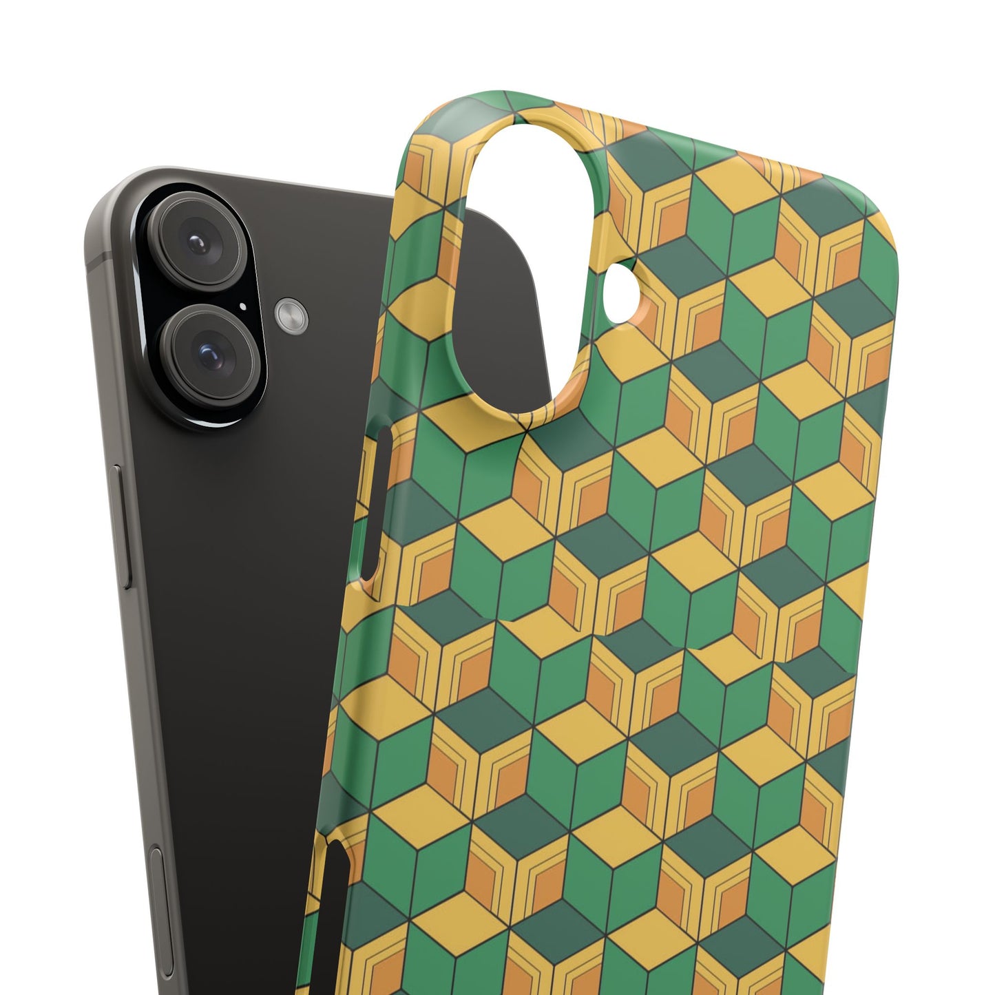 Sabito's Haori Pattern Anime iPhone Case - Geometric Green and Yellow Design