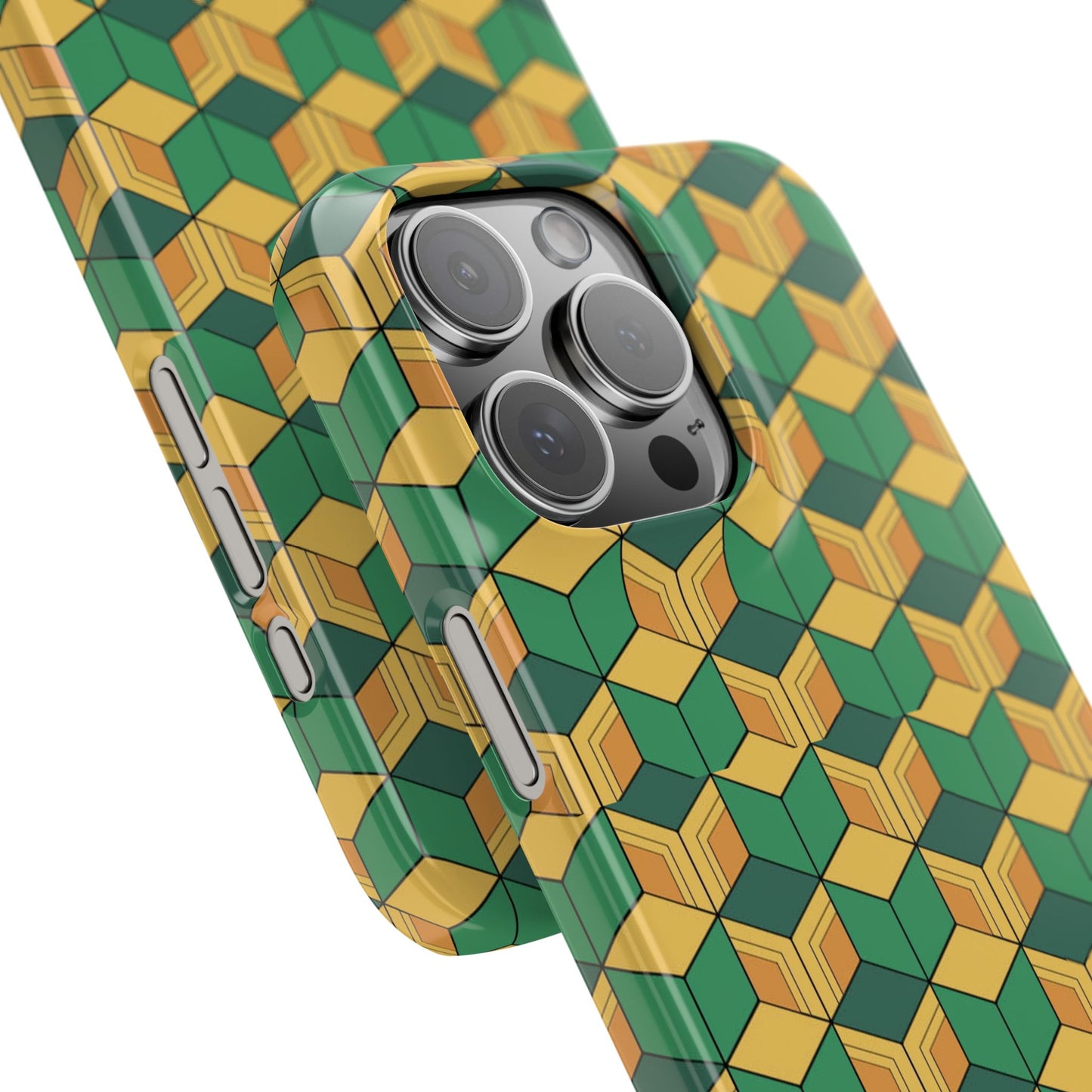 Sabito's Haori Pattern Anime iPhone Case - Geometric Green and Yellow Design