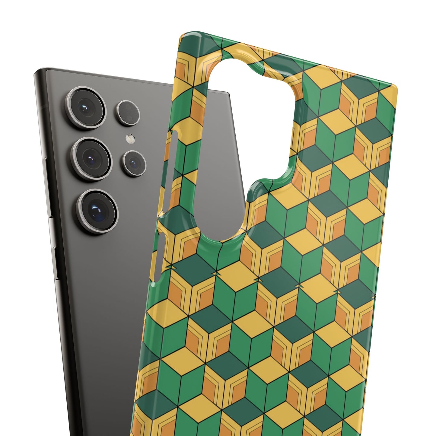 Sabito's Haori Pattern Anime iPhone Case - Geometric Green and Yellow Design
