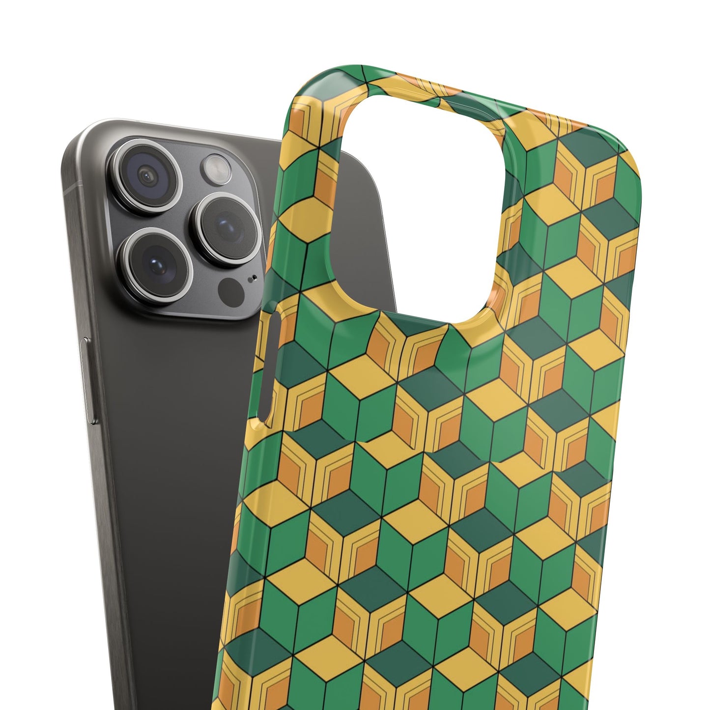 Sabito's Haori Pattern Anime iPhone Case - Geometric Green and Yellow Design