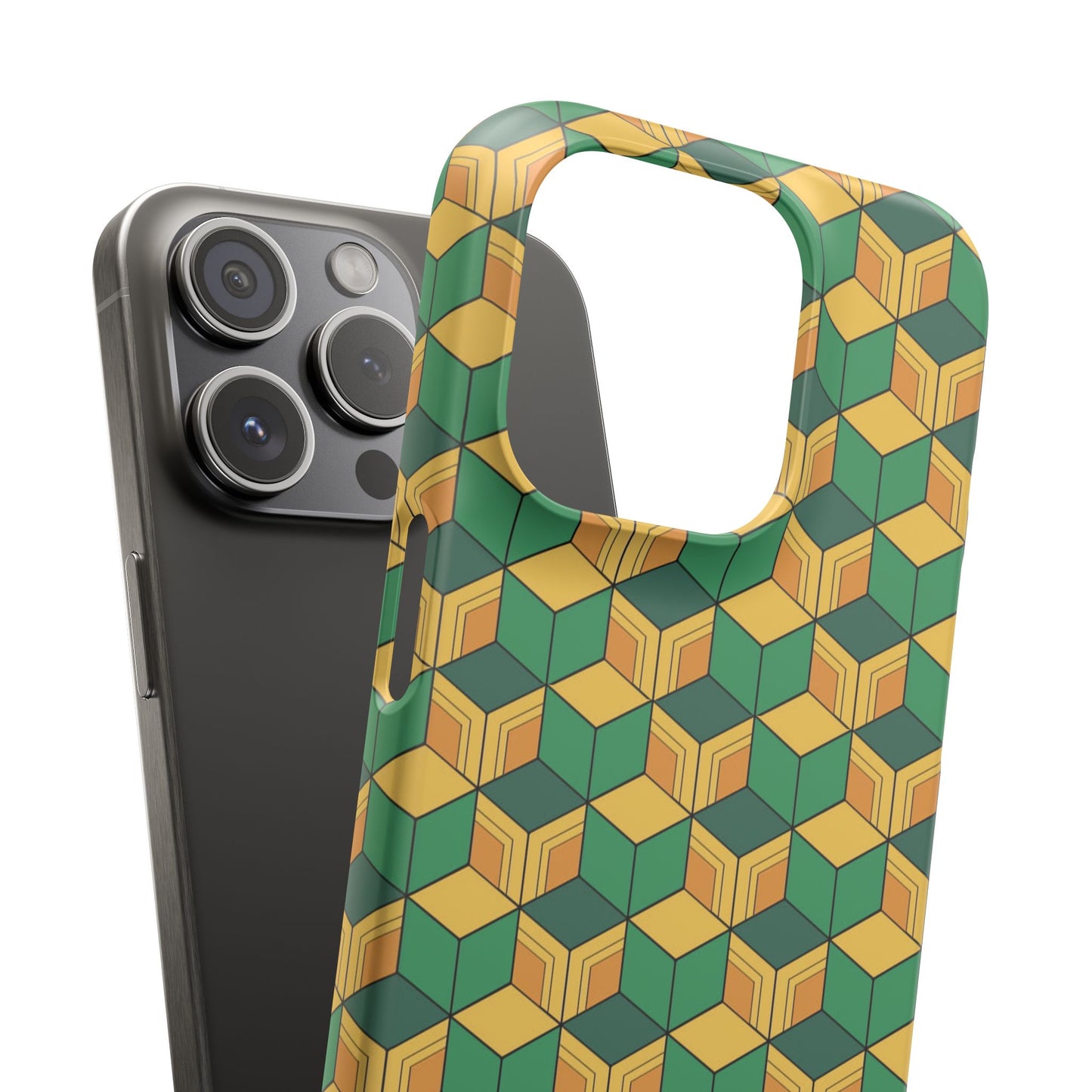 Sabito's Haori Pattern Anime iPhone Case - Geometric Green and Yellow Design
