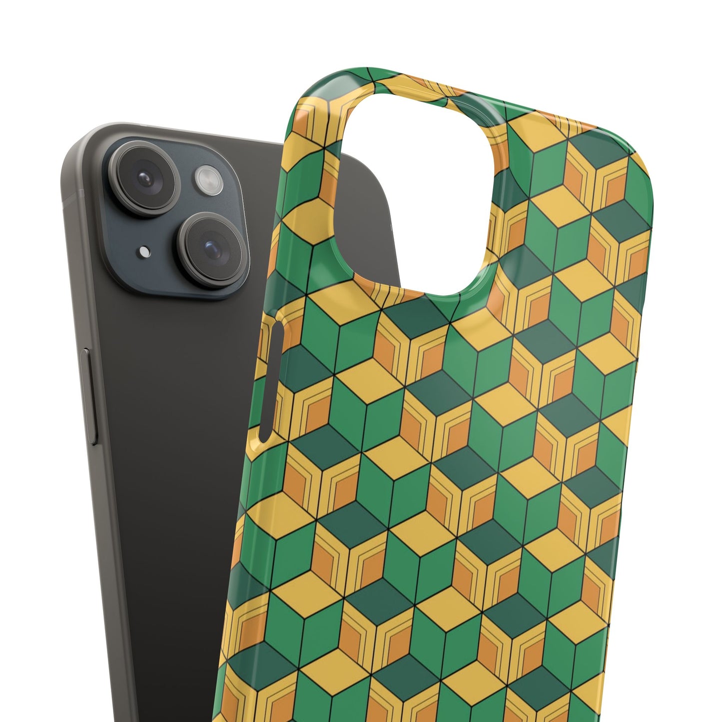 Sabito's Haori Pattern Anime iPhone Case - Geometric Green and Yellow Design