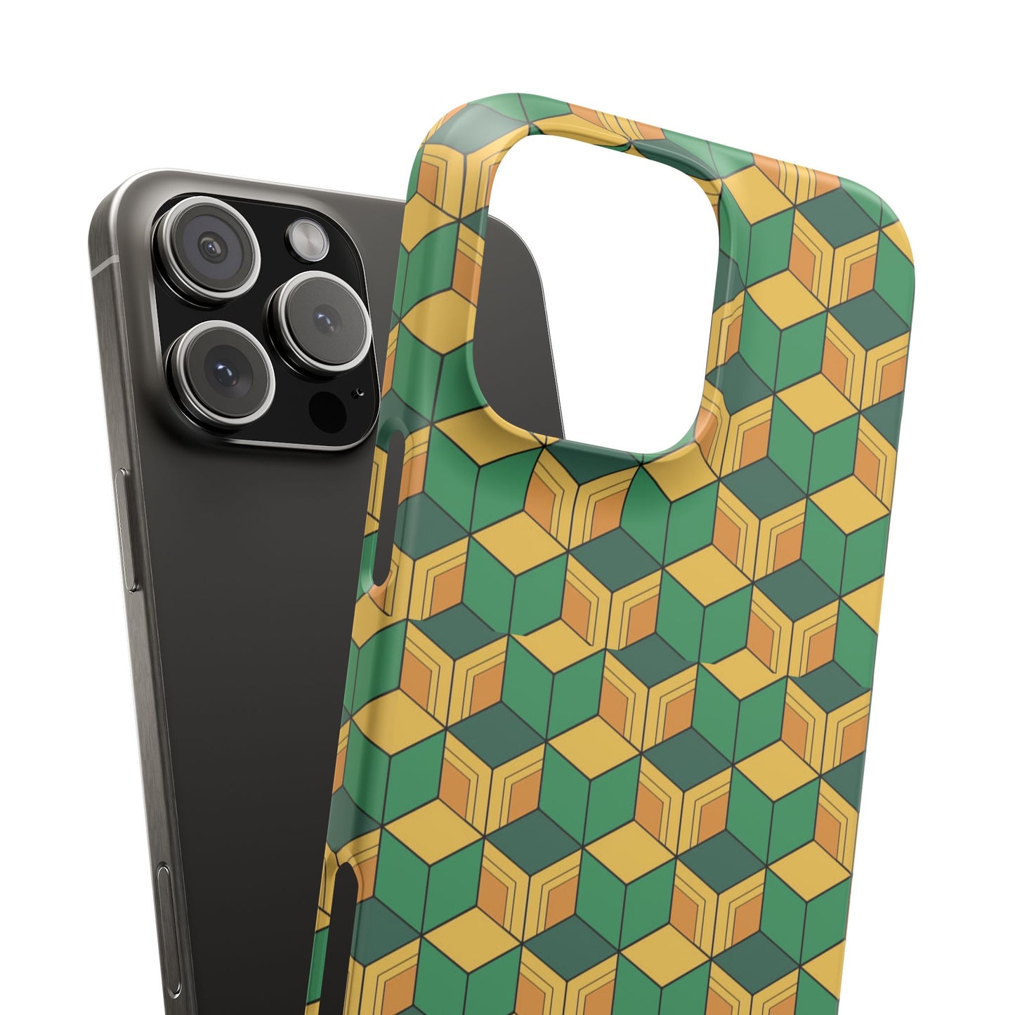 Sabito's Haori Pattern Anime iPhone Case - Geometric Green and Yellow Design