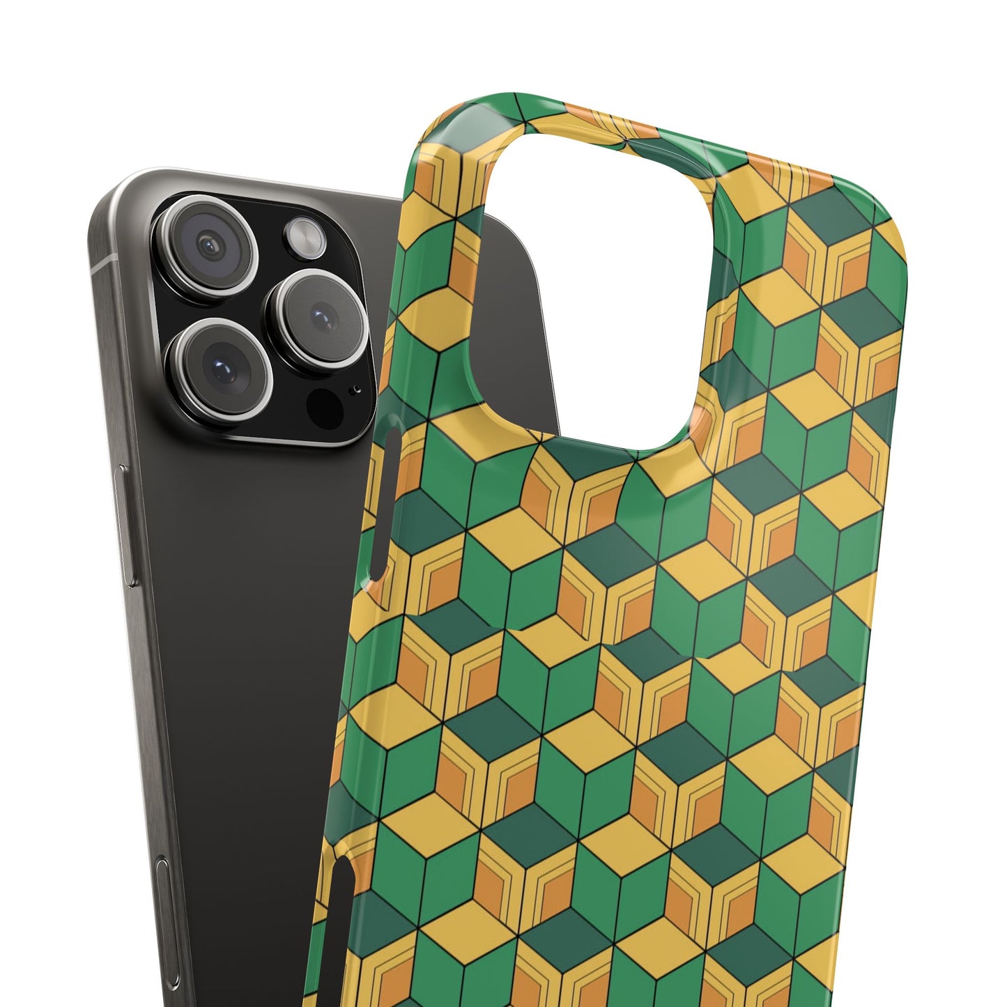 Sabito's Haori Pattern Anime iPhone Case - Geometric Green and Yellow Design