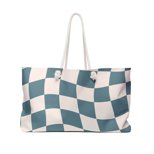 Blue and Cream Checker Pattern Tote Weekender Bag