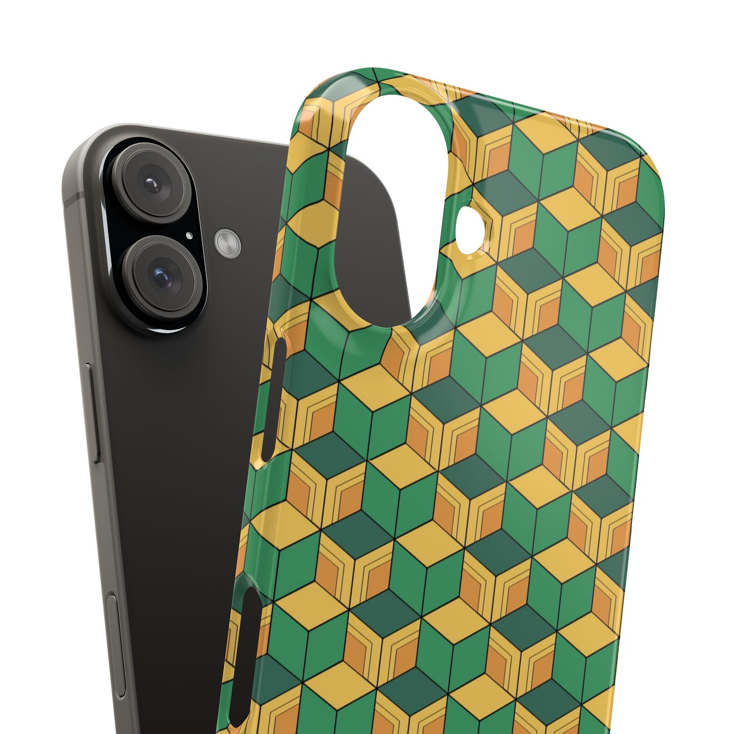 Sabito's Haori Pattern Anime iPhone Case - Geometric Green and Yellow Design