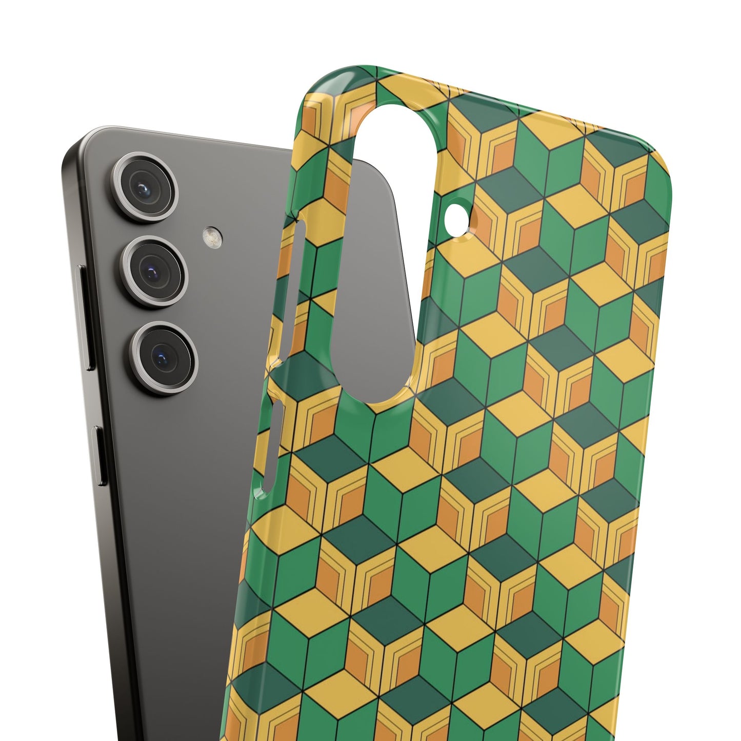 Sabito's Haori Pattern Anime iPhone Case - Geometric Green and Yellow Design
